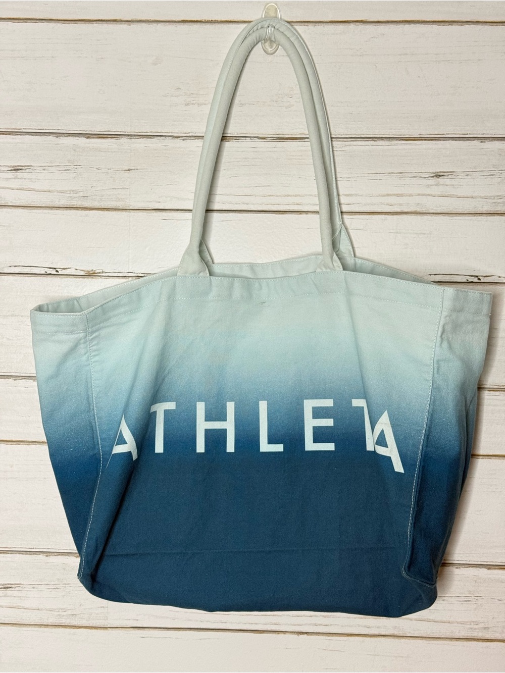 Athleta Large Ombre Canvas Tote Bag Blue White Cotton Beach Gym Shopper